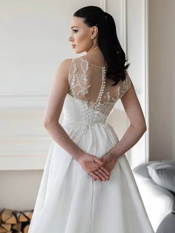 SoDigne A-line Satin Appliques Bride Dresses O-neck Sleeveless Wedding Dress Long Bridal Gowns vestidos de novia Customized 4 SoDigne A-line Satin Appliques Bride Dresses O-neck Sleeveless Wedding Dress Long Bridal Gowns vestidos de novia Customized - Obrázek 4