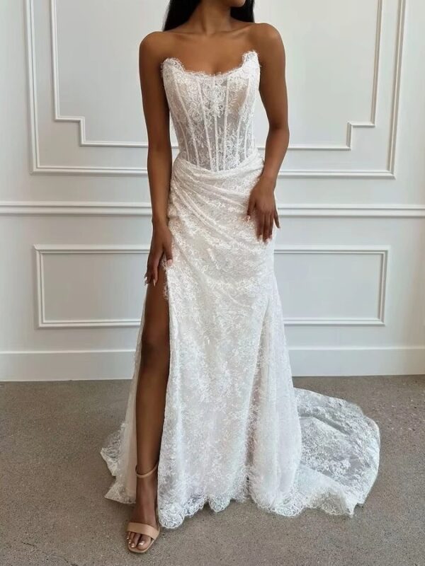 SoDigne Mermaid Lace Wedding Dresses Strapless Sleeveless Bridal Dress Customized Women Split Long Wedding Gown - Obrázek 2
