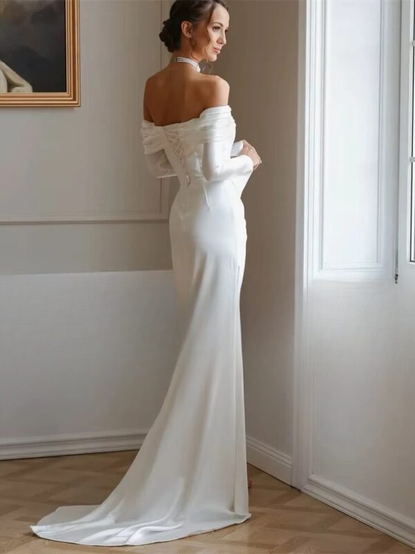 Modern Long Sleeve Mermaid Wedding Dresses Satin Pleat Off The Shoulder High Side Split Bridal Gown Vestido De Noiva Customized - Obrázek 2