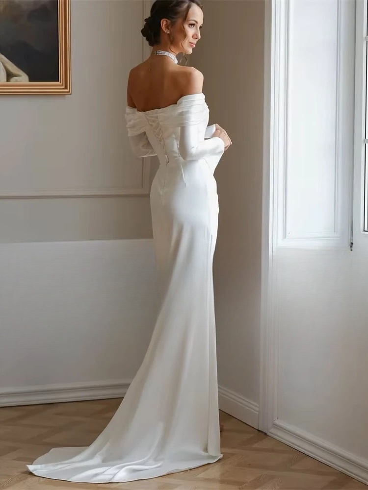 Modern Long Sleeve Mermaid Wedding Dresses Satin Pleat Off The Shoulder High Side Split Bridal Gown Vestido De Noiva Customized 2 Modern Long Sleeve Mermaid Wedding Dresses Satin Pleat Off The Shoulder High Side Split Bridal Gown Vestido De Noiva Customized - Obrázek 2