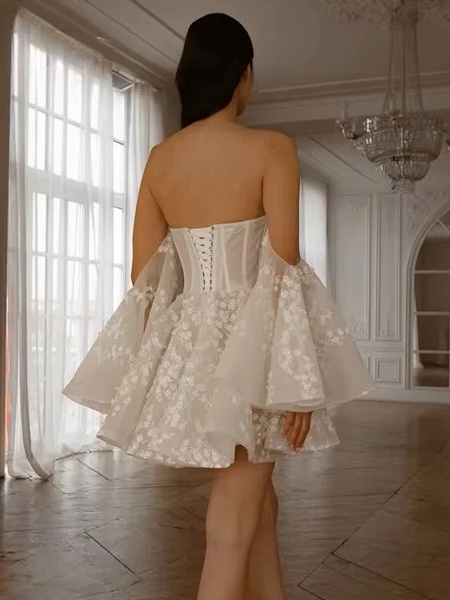 Vintage A-Line Short Wedding Dress Simple Strapless Off Shoulder Pleated Appliques Sexy Backless Lace Up Bridal Gowns Customized 2 Vintage A-Line Short Wedding Dress Simple Strapless Off Shoulder Pleated Appliques Sexy Backless Lace Up Bridal Gowns Customized - Obrázek 2