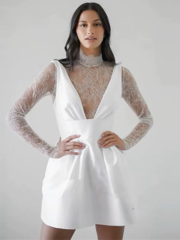 Customized Simple Mini Satin Lace Wedding Dress Pleat Long Sleeves Sexy High Neck Illusion With Button Short Wedding Gown 2025 3 Customized Simple Mini Satin Lace Wedding Dress Pleat Long Sleeves Sexy High Neck Illusion With Button Short Wedding Gown 2025 - Obrázek 3