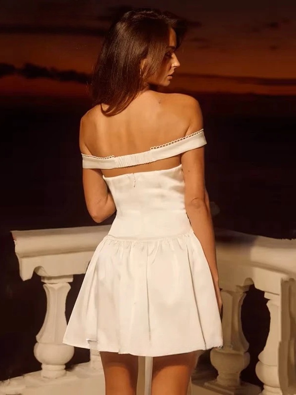 Boho Mini Satin Wedding Dress Simple Off Shoulder Sleeveless Pleat Bows Bride Dress Sexy Backless with Zipper Gowns Customized 2 Boho Mini Satin Wedding Dress Simple Off Shoulder Sleeveless Pleat Bows Bride Dress Sexy Backless with Zipper Gowns Customized - Obrázek 2