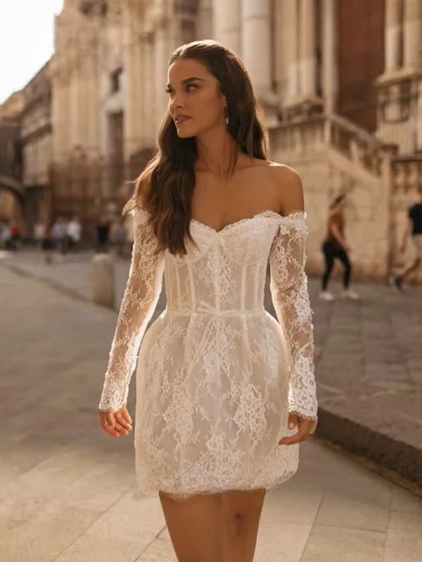 Boho Mermaid Mini Long Sleeves Wedding Dress Lace Appliques Sexy Strapless Pleated Open Back with Zipper Bridal Grown Customized 3 Boho Mermaid Mini Long Sleeves Wedding Dress Lace Appliques Sexy Strapless Pleated Open Back with Zipper Bridal Grown Customized - Obrázek 3