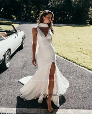 SoDigne Satin Simple Mermaid Wedding Dresses V-neck Sleeveless Elegant Bridal Dress Split Long Bride Gown vestidos de novia