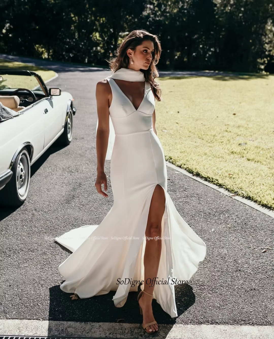 SoDigne Satin Simple Mermaid Wedding Dresses V-neck Sleeveless Elegant Bridal Dress Split Long Bride Gown vestidos de novia 1 SoDigne Satin Simple Mermaid Wedding Dresses V-neck Sleeveless Elegant Bridal Dress Split Long Bride Gown vestidos de novia