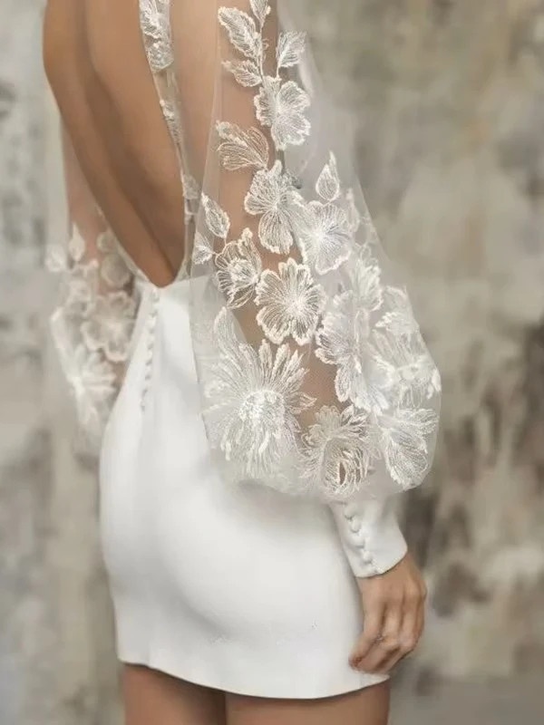 Simple Short Satin Wedding Dress Sexy V-neck Lace Illusion Long Sleeves Backless Formal Pleat Bridal Growns Vestidos Customized 2 Simple Short Satin Wedding Dress Sexy V-neck Lace Illusion Long Sleeves Backless Formal Pleat Bridal Growns Vestidos Customized - Obrázek 2