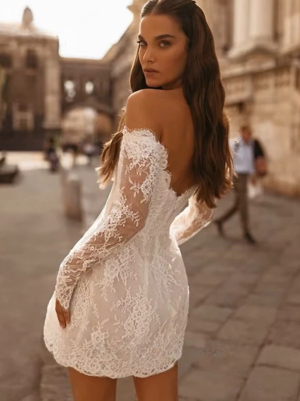 Boho Mermaid Mini Long Sleeves Wedding Dress Lace Appliques Sexy Strapless Pleated Open Back with Zipper Bridal Grown Customized 2 Boho Mermaid Mini Long Sleeves Wedding Dress Lace Appliques Sexy Strapless Pleated Open Back with Zipper Bridal Grown Customized - Obrázek 2