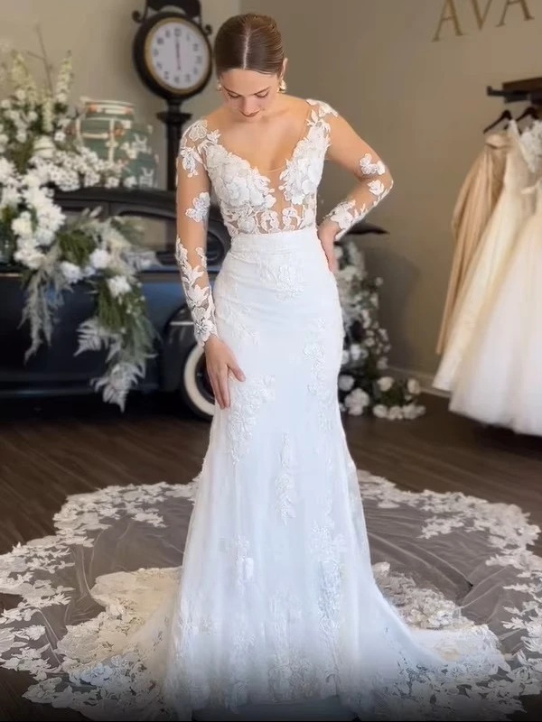 SoDigne Mermaid Boho Wedding Dresses V-neck Full Sleeves Tulle Appliques Bridal Dress Wedding Gown Robe De Mairee Customized 3 SoDigne Mermaid Boho Wedding Dresses V-neck Full Sleeves Tulle Appliques Bridal Dress Wedding Gown Robe De Mairee Customized - Obrázek 3