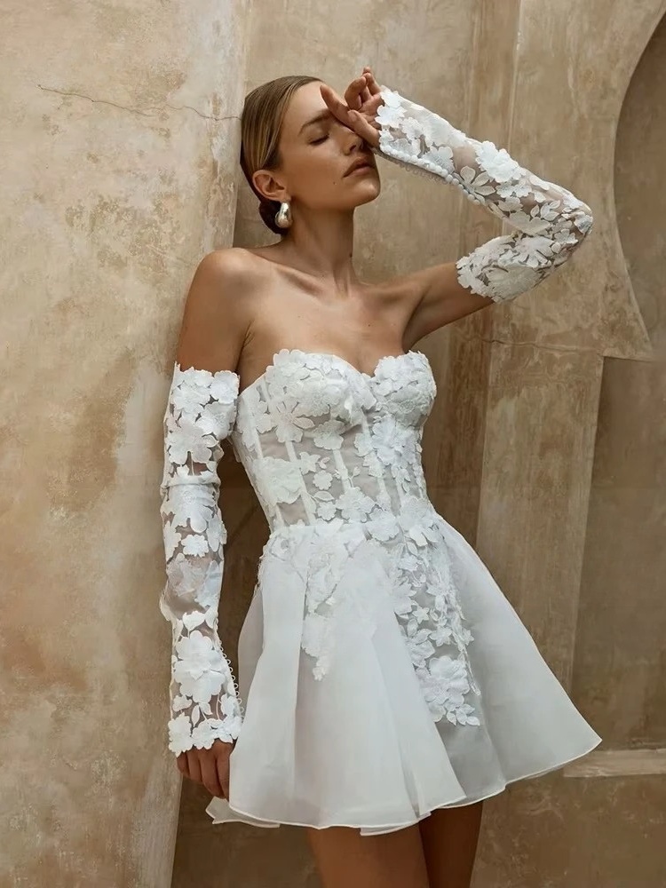 Civil Short Boho Wedding Dresses Appliques Half Sleeve sweetheart Mini Wedding Gowns For Bride Floral Print Robe 2025 Customized 3 Civil Short Boho Wedding Dresses Appliques Half Sleeve sweetheart Mini Wedding Gowns For Bride Floral Print Robe 2025 Customized - Obrázek 3