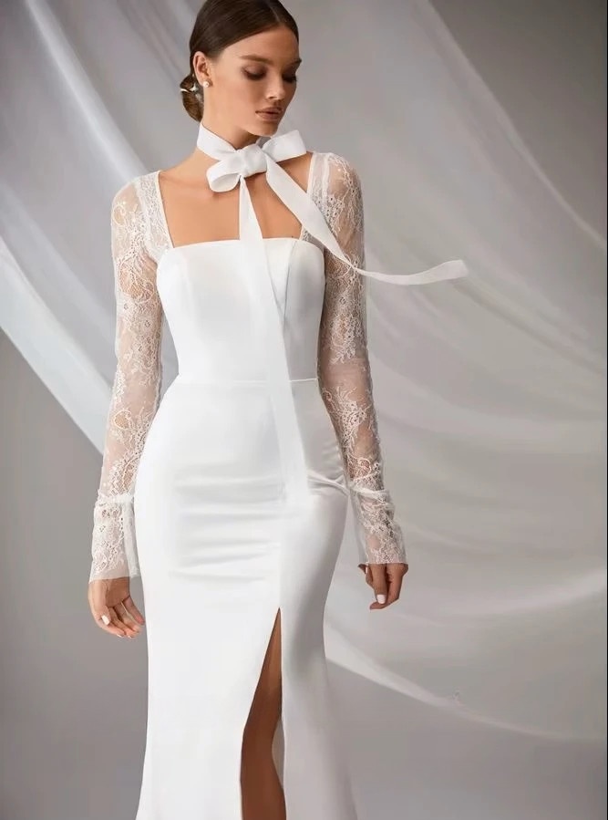 SoDigne Mermaid Elegant Wedding Dress Square Collar Full Sleeves Satin/Lace Bride Dresses Split Bridal Gown Vestido De Noiva 3 SoDigne Mermaid Elegant Wedding Dress Square Collar Full Sleeves Satin/Lace Bride Dresses Split Bridal Gown Vestido De Noiva - Obrázek 3