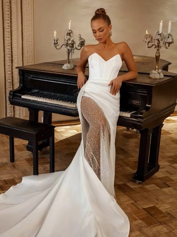 SoDigne Mermaid Satin Bride Dresses V-neck Sleeveless Beading Wedding Dress Long Bridal Gowns vestidos de novia Customized - Obrázek 2
