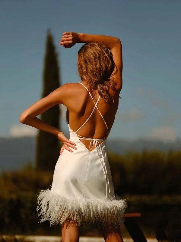 Vintage 2-Piece Lace Wedding Dress Simple Long Lantern Sleeves Mini Bride Dress Sexy V-Neck Backless Pleated Feathers Customized 2 Vintage 2-Piece Lace Wedding Dress Simple Long Lantern Sleeves Mini Bride Dress Sexy V-Neck Backless Pleated Feathers Customized - Obrázek 2