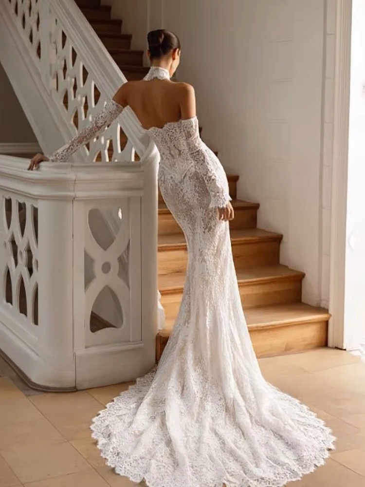 LORIE Vintage Lace Mermaid Wedding Dress Sexy Off Shoulder Long Sleeve Bridal PartryGown Backless Princess Bride Gown Customized 2 LORIE Vintage Lace Mermaid Wedding Dress Sexy Off Shoulder Long Sleeve Bridal PartryGown Backless Princess Bride Gown Customized - Obrázek 2
