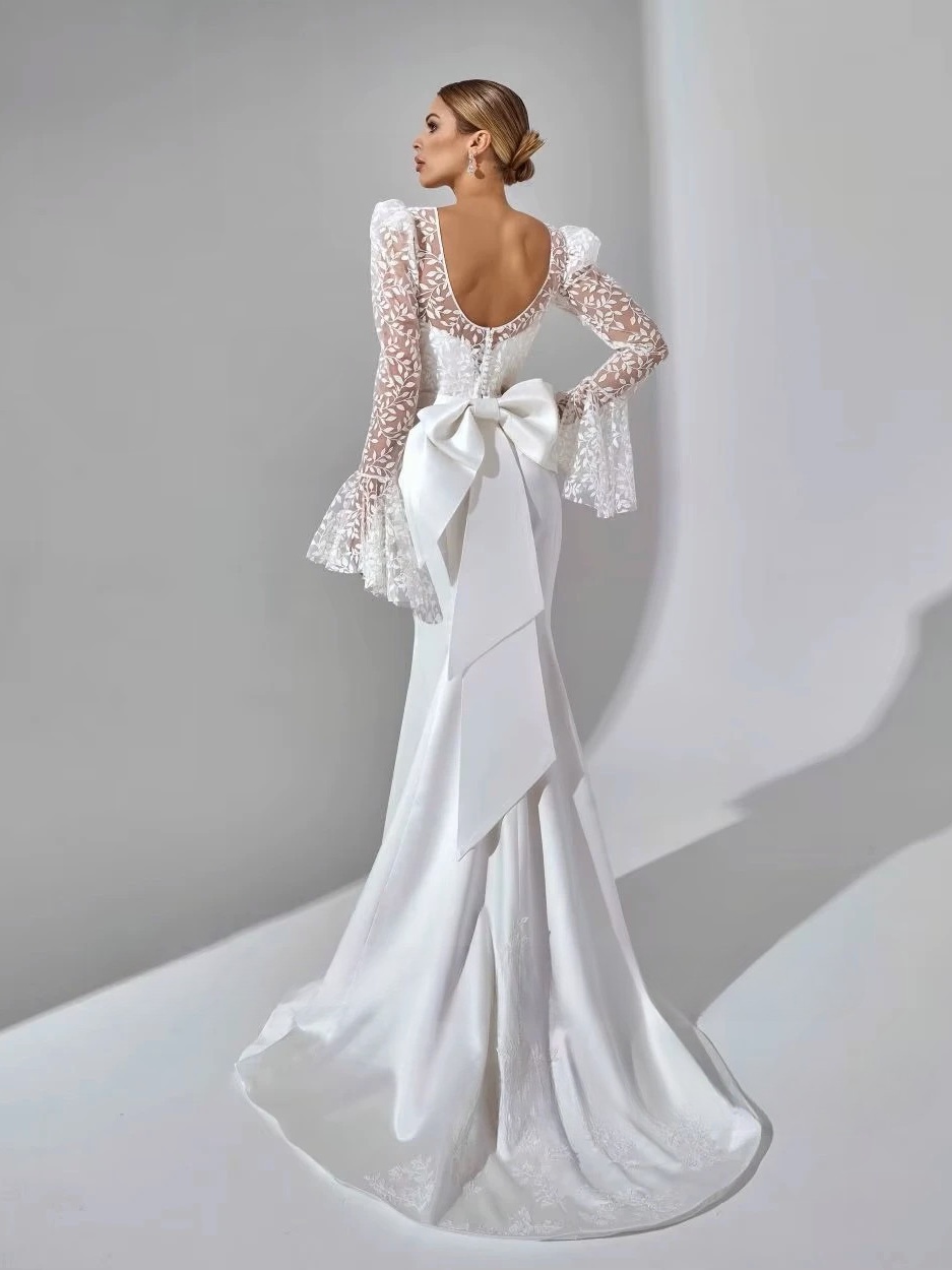 SoDigne Mermaid Satin Bride Dresses Appliques Full Sleeves Wedding Dress Long Bridal Gowns with Bow Robe De Mairee Customized 2 SoDigne Mermaid Satin Bride Dresses Appliques Full Sleeves Wedding Dress Long Bridal Gowns with Bow Robe De Mairee Customized - Obrázek 2