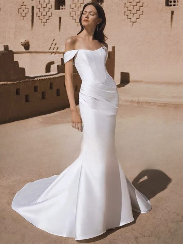 BIGDAY Satin Mermaid Wedding Dress Women 2025 Off The Shoulder Open Back Pleat Boat-Neck Bridal Gown Vestido De Noiva Customized - Obrázek 3