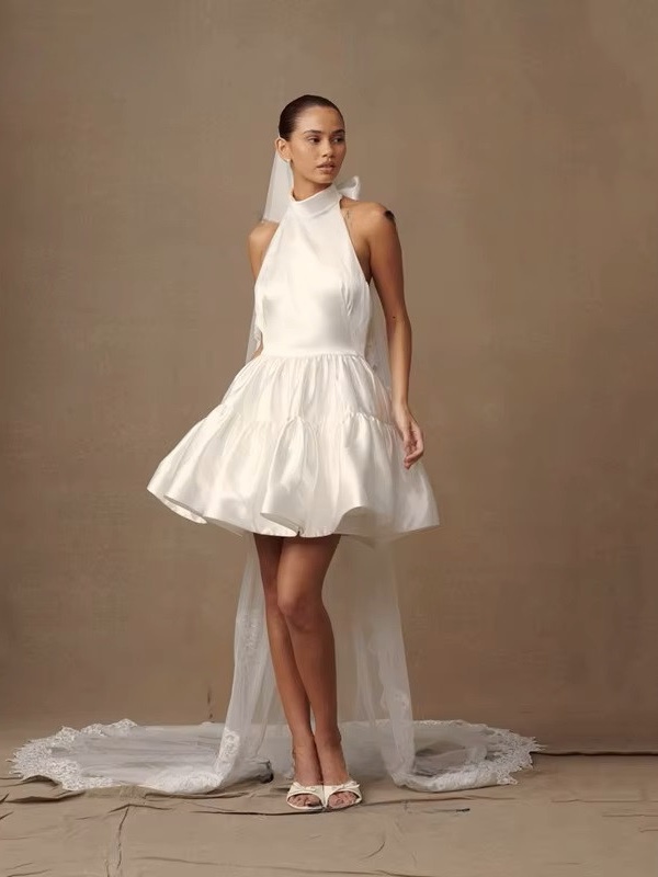 Simple Ivory Satin Mini Wedding Dress Sleeveless Pleat Halter Ball Gown Sexy Backless with Lace Up Short Bride Dress Customized 1 Simple Ivory Satin Mini Wedding Dress Sleeveless Pleat Halter Ball Gown Sexy Backless  with Lace Up Short Bride Dress Customized