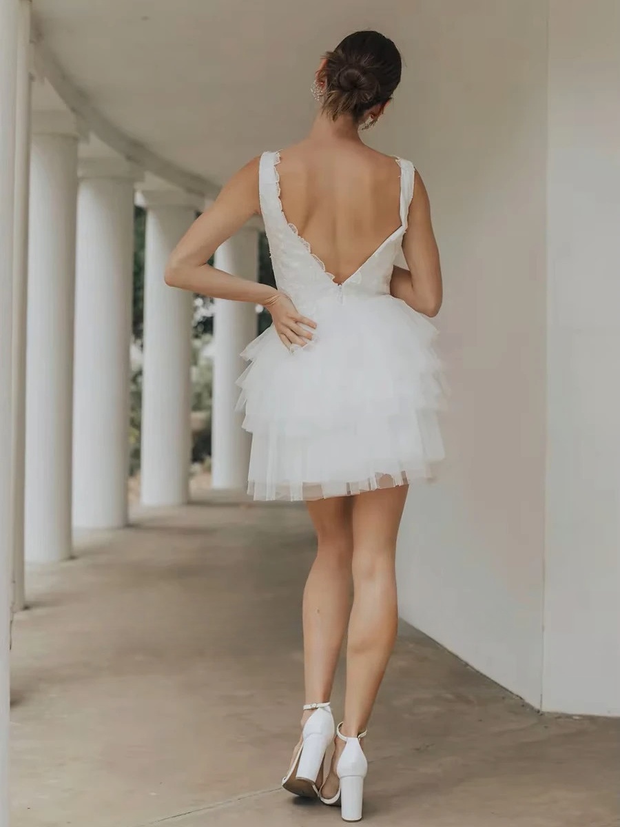 SoDigne Short Tulle Wedding Dresses V-neck Sleeveless Appliques Tiered Bridal Dress 2025 Mini A-line Customized Bride Gown 2 SoDigne Short Tulle Wedding Dresses V-neck Sleeveless Appliques Tiered Bridal Dress 2025 Mini A-line Customized Bride Gown - Obrázek 2