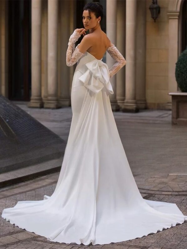 BIGDAY Modern Mermaid Wedding Dress Women Long Lace Sleeves Bow Strapless Open Back Bridal Gown Vestidos De Noiva Customized - Obrázek 2