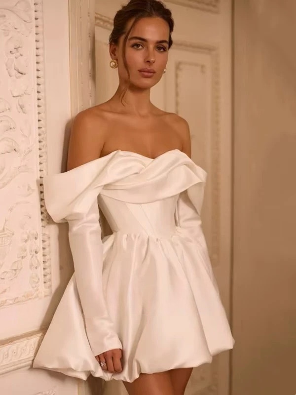 Simple Short A-Line Ivory Wedding Dresses Elegant Mini Long Sleeves Strapless Wedding Gowns For Bride Sexy Backless Customized 2 Simple Short A-Line Ivory Wedding Dresses Elegant Mini Long Sleeves Strapless Wedding Gowns For Bride Sexy Backless Customized - Obrázek 2