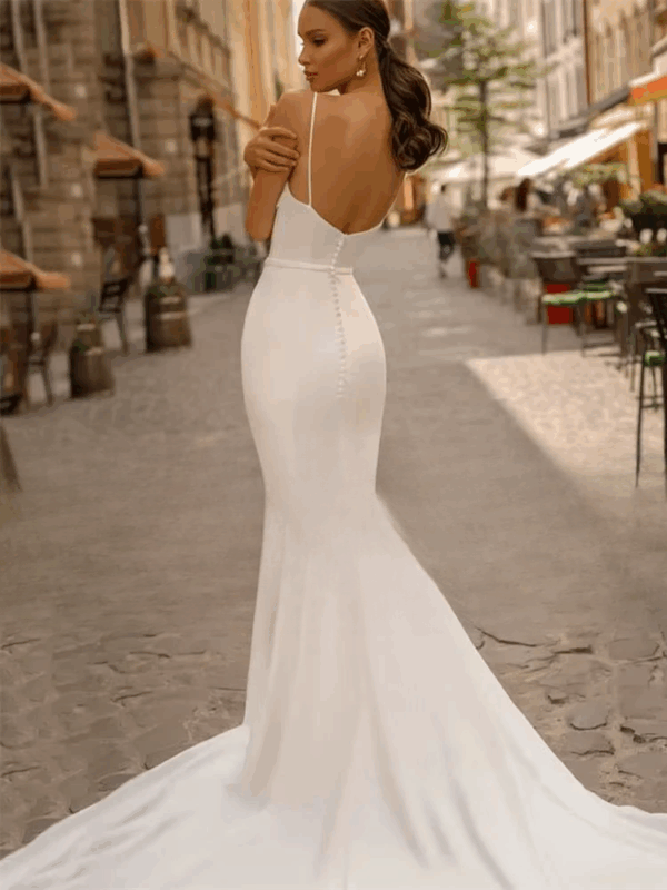 Elegant Mermaid Wedding Dresses Spaghetti Straps Boat-Neck Backless Pleat Bridal Gown Sweep Train Vestidos De Noiva Customized - Obrázek 2