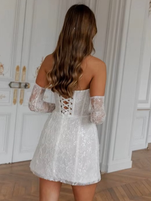 Simple A-Line Mini White Wedding Dress Sexy Strapless Formal Pleat Shiny Sequined Sleeveless Vintage Backless Short Customized 3 Simple A-Line Mini White Wedding Dress Sexy Strapless Formal Pleat Shiny Sequined Sleeveless Vintage Backless Short Customized - Obrázek 3