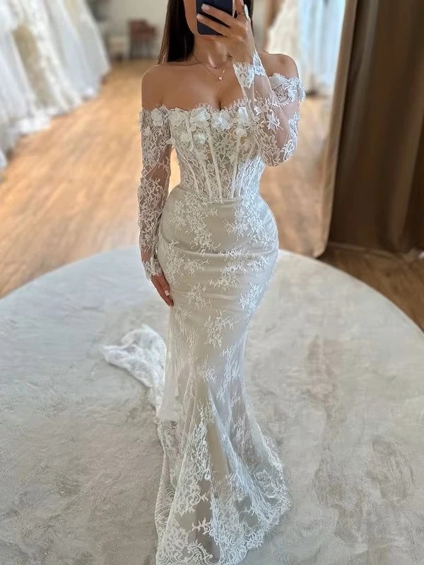SoDigne Mermaid Lace Wedding Dresses Off Shoulder Long Sleeves Bridal Dress Boho Wedding Gown Robe De Mairee Customized 2 SoDigne Mermaid Lace Wedding Dresses Off Shoulder Long Sleeves Bridal Dress Boho Wedding Gown Robe De Mairee Customized - Obrázek 2
