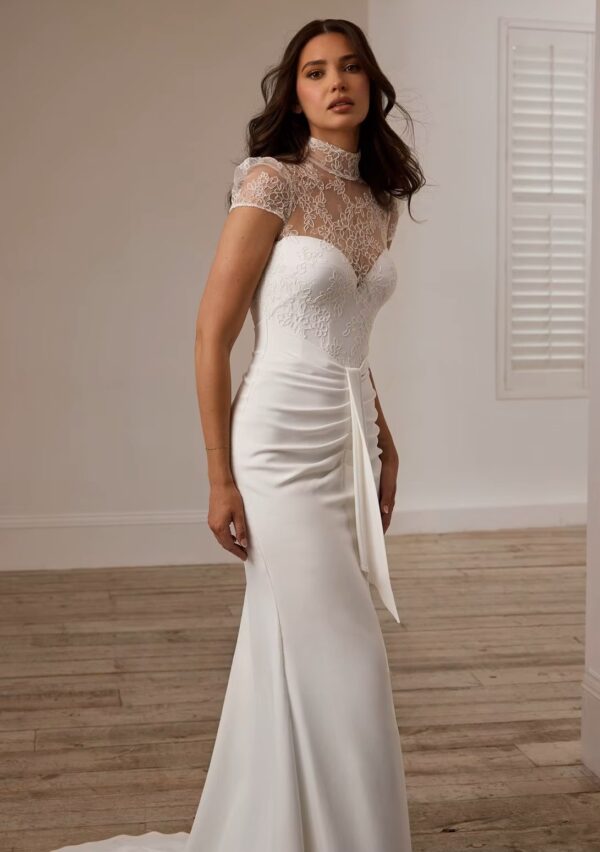 SoDigne Mermaid Lace/Satin  Bride Dresses High Neck Short Sleeves Wedding Dress Long Bridal Gowns vestidos de novia Customized - Obrázek 3