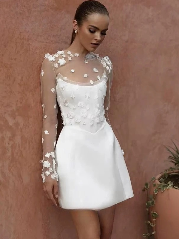 Customized Classic A-Line Mini Wedding Dress Satin Lace Long Sleeve 3D Flower Sexy Backless With Button Srapless Wedding Gown 1 Customized Classic A-Line Mini Wedding Dress Satin Lace Long Sleeve 3D Flower Sexy Backless With Button Srapless Wedding Gown