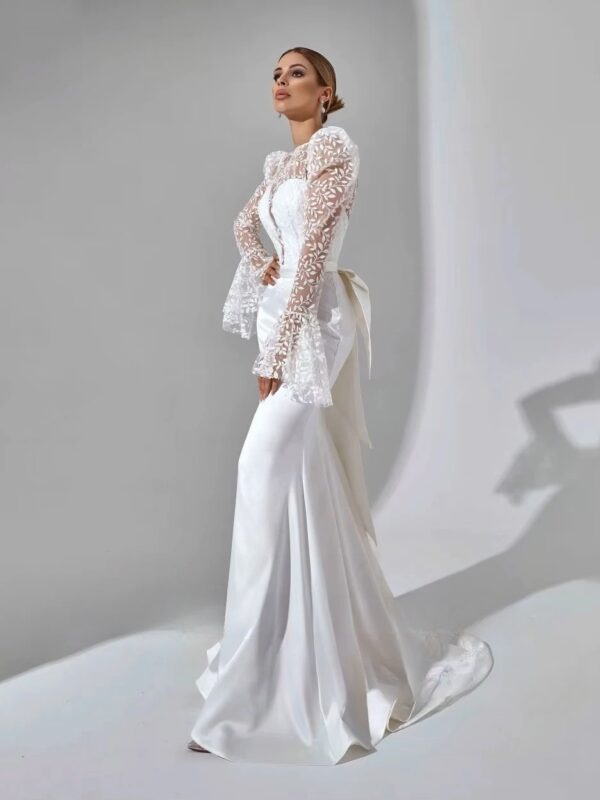 SoDigne Mermaid Satin Bride Dresses Appliques Full Sleeves Wedding Dress Long Bridal Gowns with Bow Robe De Mairee Customized - Obrázek 3