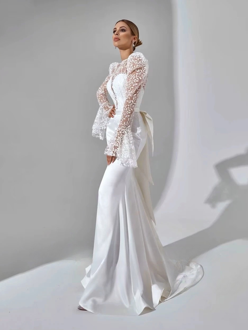 SoDigne Mermaid Satin Bride Dresses Appliques Full Sleeves Wedding Dress Long Bridal Gowns with Bow Robe De Mairee Customized 3 SoDigne Mermaid Satin Bride Dresses Appliques Full Sleeves Wedding Dress Long Bridal Gowns with Bow Robe De Mairee Customized - Obrázek 3