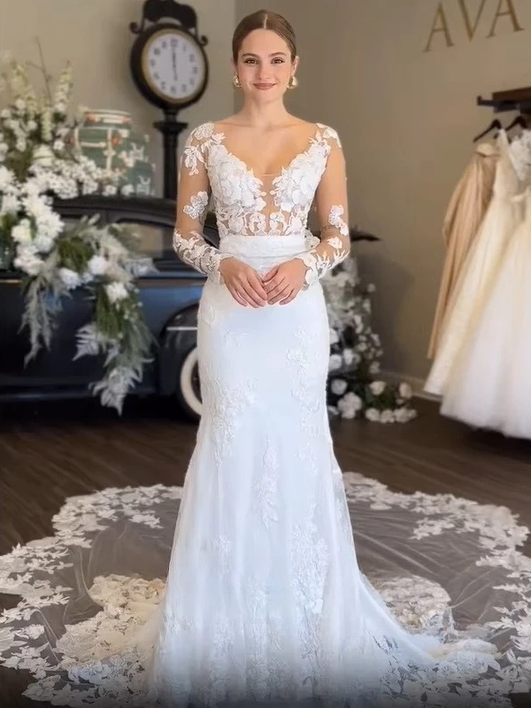 SoDigne Mermaid Boho Wedding Dresses V-neck Full Sleeves Tulle Appliques Bridal Dress Wedding Gown Robe De Mairee Customized 2 SoDigne Mermaid Boho Wedding Dresses V-neck Full Sleeves Tulle Appliques Bridal Dress Wedding Gown Robe De Mairee Customized - Obrázek 2