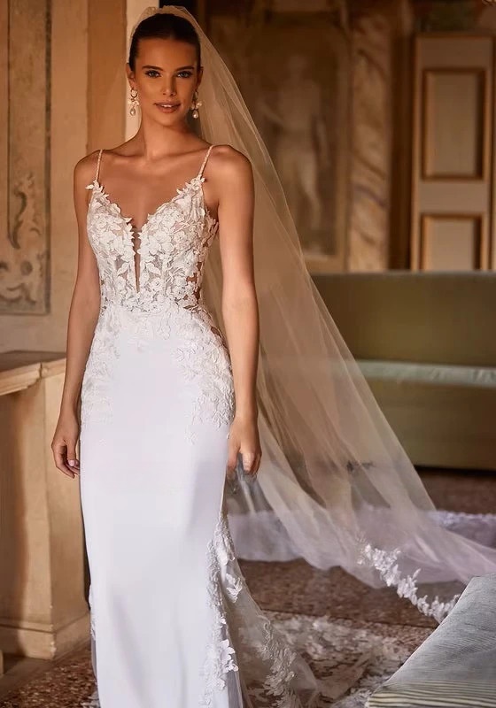 SoDigne Mermaid Lace Appliques Wedding Dresses V-neck Sleeveless Satin Bridal Dress Long Wedding Gown Robe De Mairee Customized 3 SoDigne Mermaid Lace Appliques Wedding Dresses V-neck Sleeveless Satin Bridal Dress Long Wedding Gown Robe De Mairee Customized - Obrázek 3