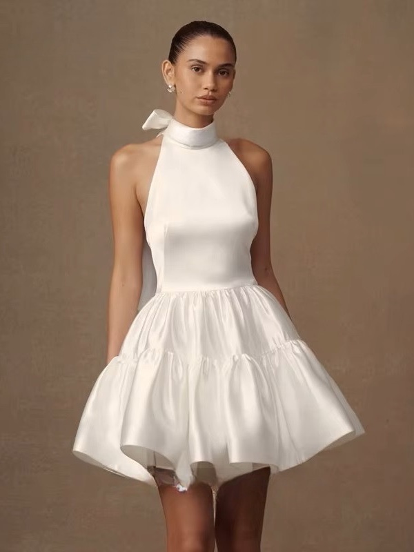 Simple Ivory Satin Mini Wedding Dress Sleeveless Pleat Halter Ball Gown Sexy Backless with Lace Up Short Bride Dress Customized 2 Simple Ivory Satin Mini Wedding Dress Sleeveless Pleat Halter Ball Gown Sexy Backless  with Lace Up Short Bride Dress Customized - Obrázek 2