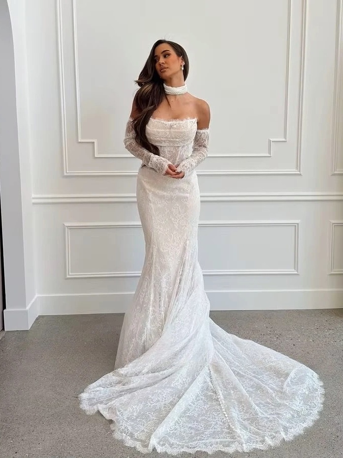 SoDigne Mermaid Lace Beach Wedding Dresses Strapless Detachable Sleeves Bridal Dress Customized Women Long Wedding Gown 2 SoDigne Mermaid Lace Beach Wedding Dresses Strapless Detachable Sleeves Bridal Dress Customized Women Long Wedding Gown - Obrázek 2