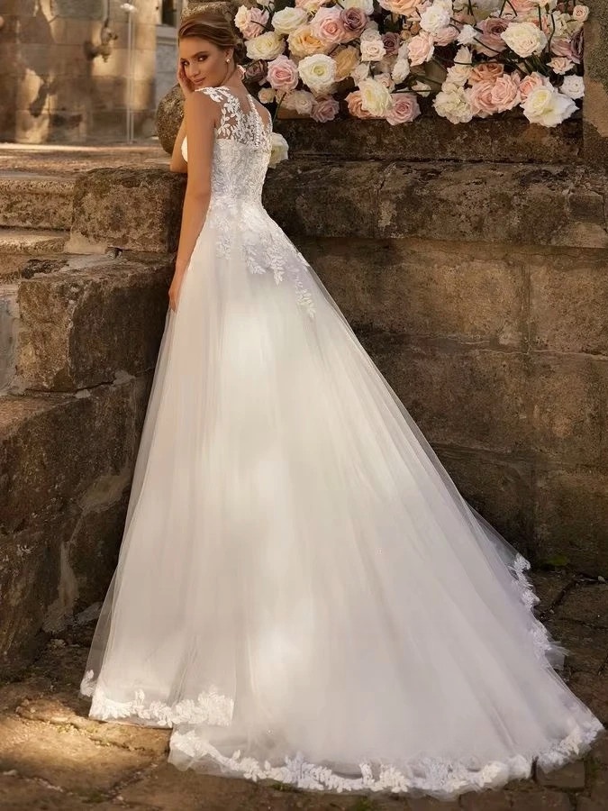 SoDigne Boho Wedding Dresses O-neck Sleeveless A-line Tulle Sleeveless Bridal Dress Long Bride Gown vestidos de novia  2 SoDigne Boho Wedding Dresses O-neck Sleeveless A-line Tulle Sleeveless Bridal Dress Long Bride Gown vestidos de novia  - Obrázek 2